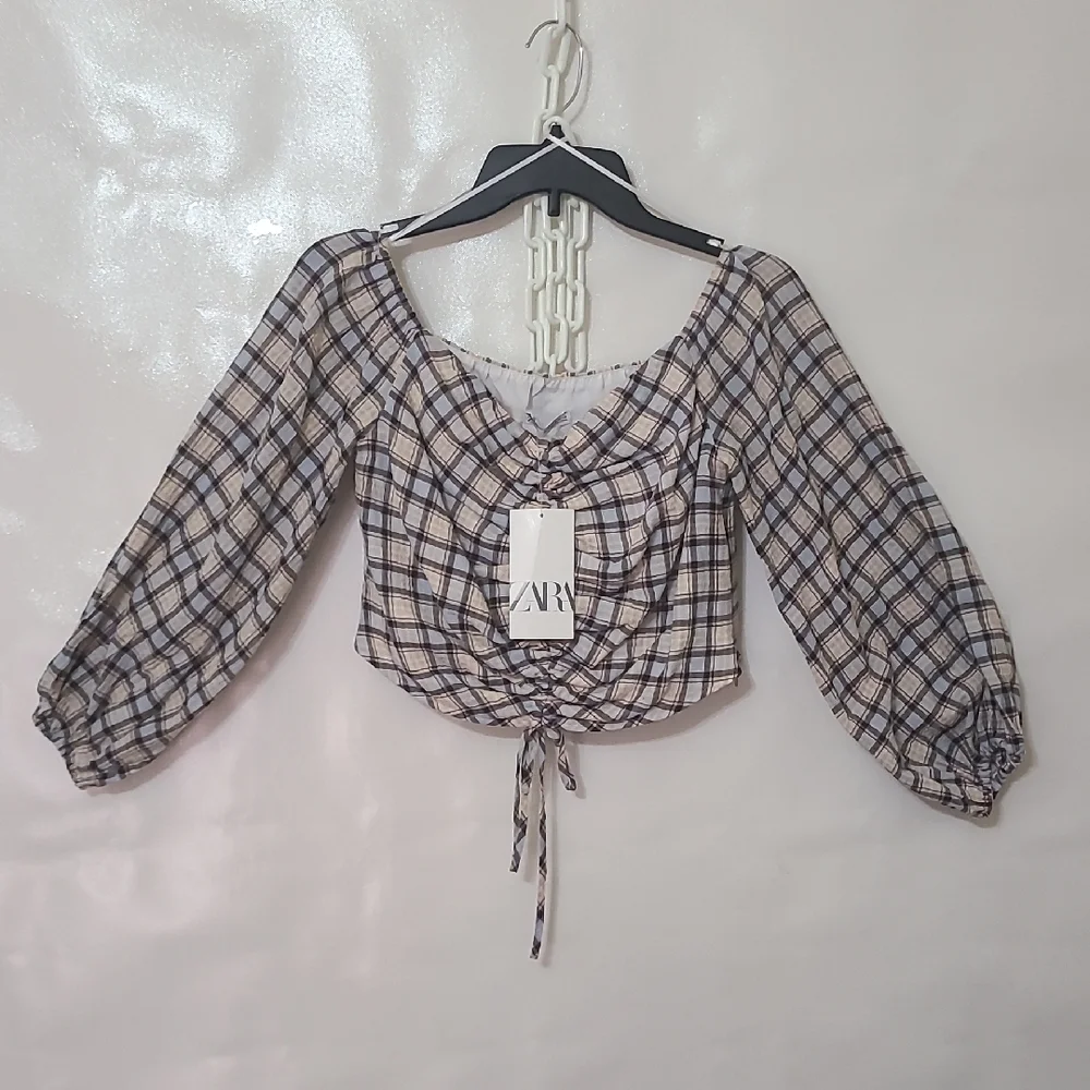 Zara Women's Plaid Long Sleeve Crop Black & White Top‎ Size Medium NEW WITH TAGS